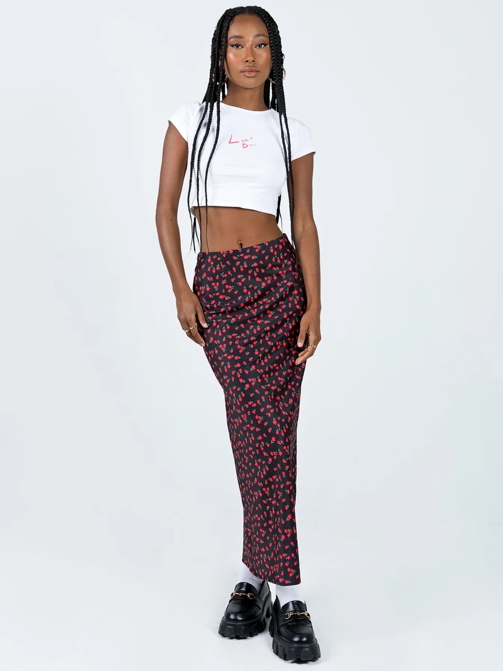 Mid- Waist Black Maxi Skirt with Red Floral Print